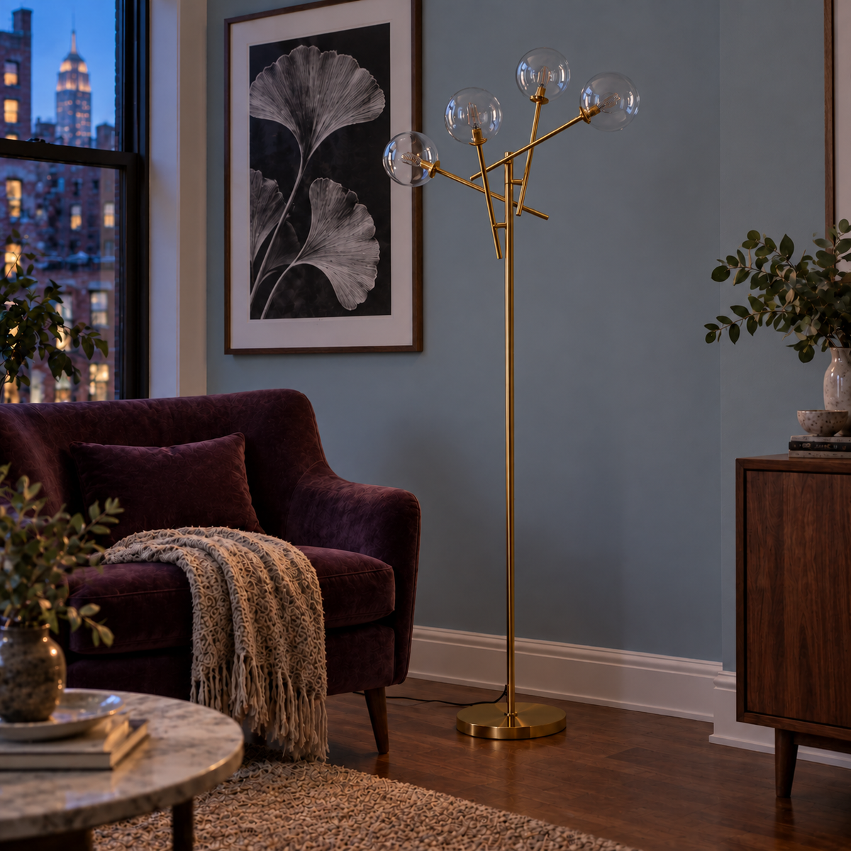 Golden Branch Floor Lamp — switched off in the same room