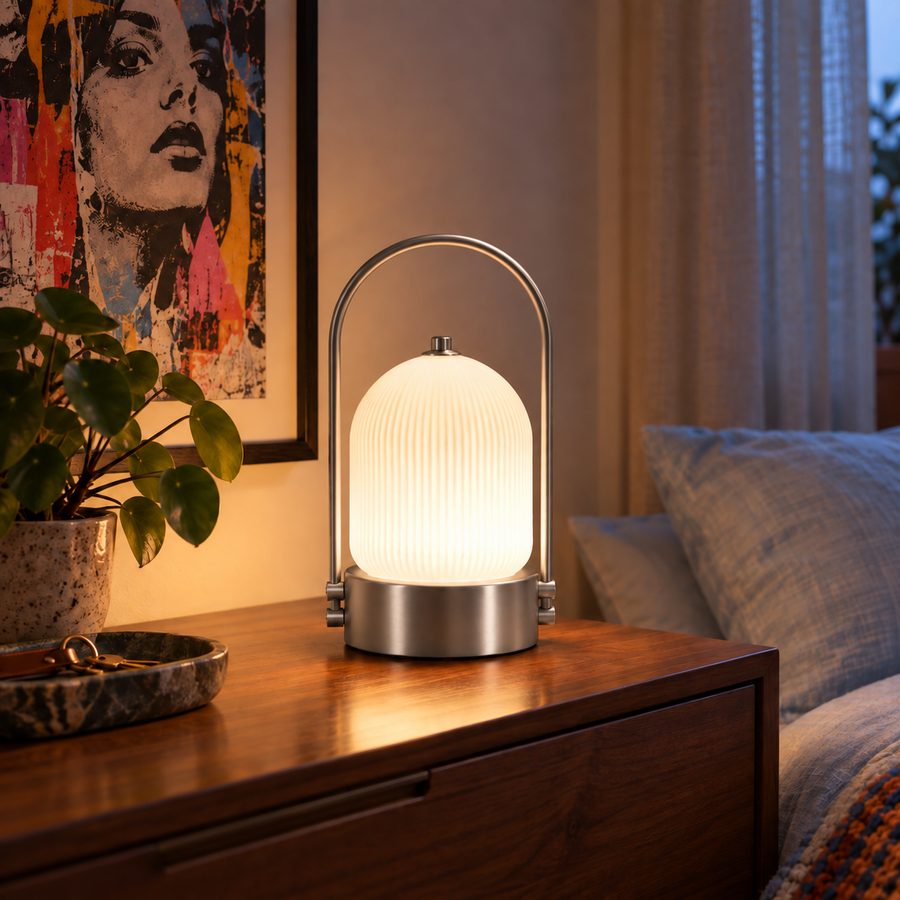 Kana Table Lamp — Silver Nickel — lit