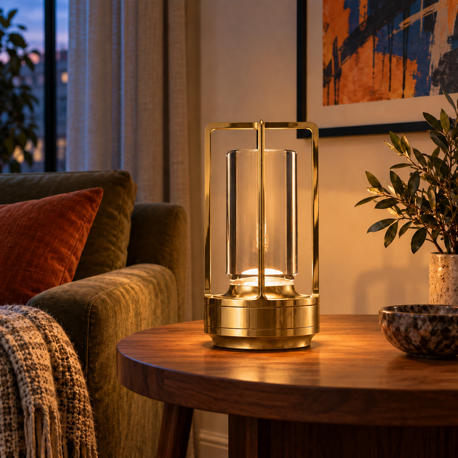 Lumina Lantern Table Lamp (Gold) — light on