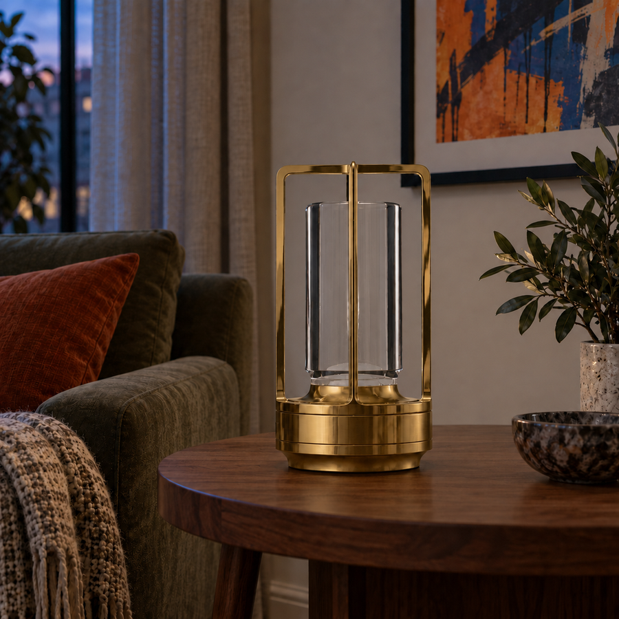 Lumina Lantern Table Lamp (Gold) — light off