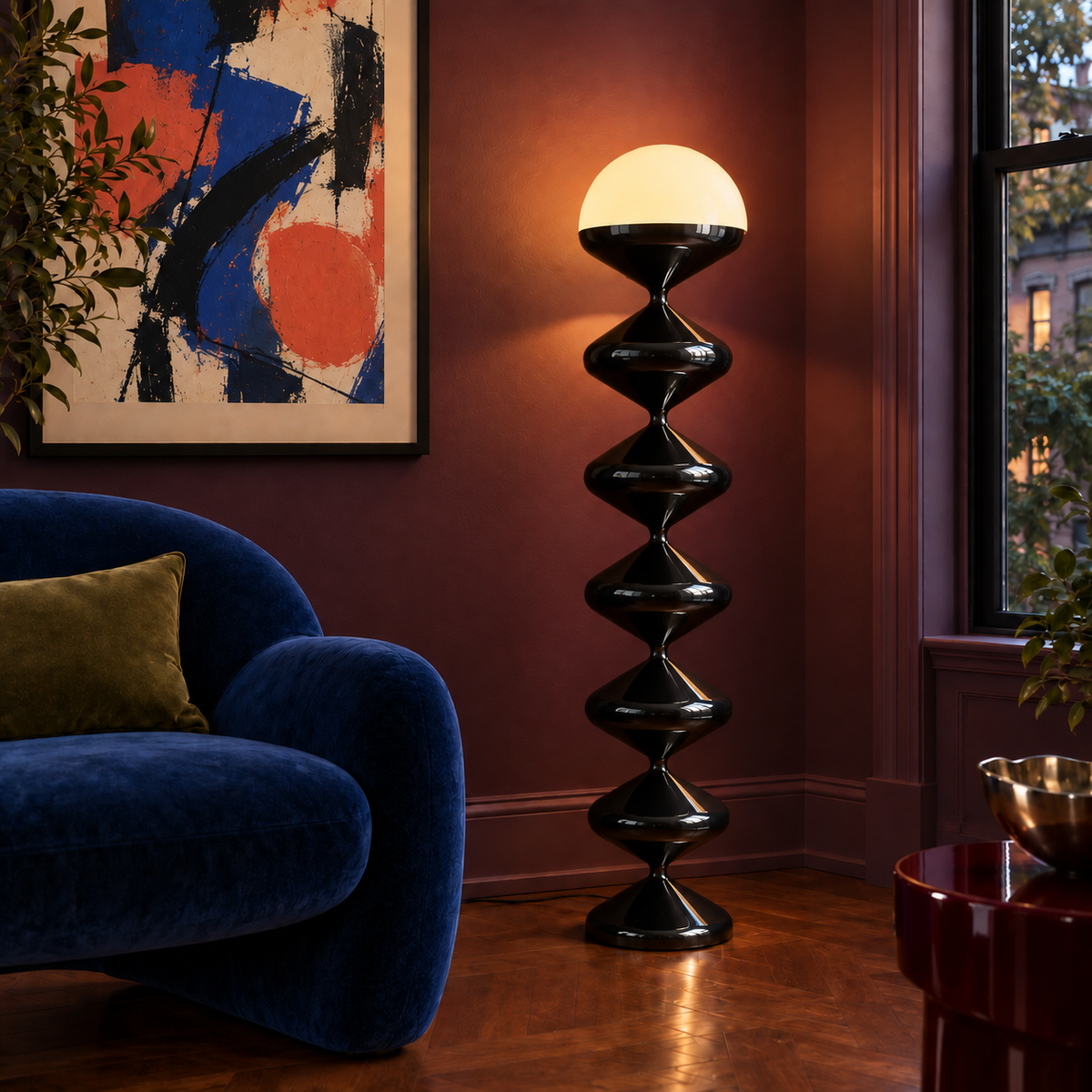 Pagoda Floor Lamp — illuminated in a styled room