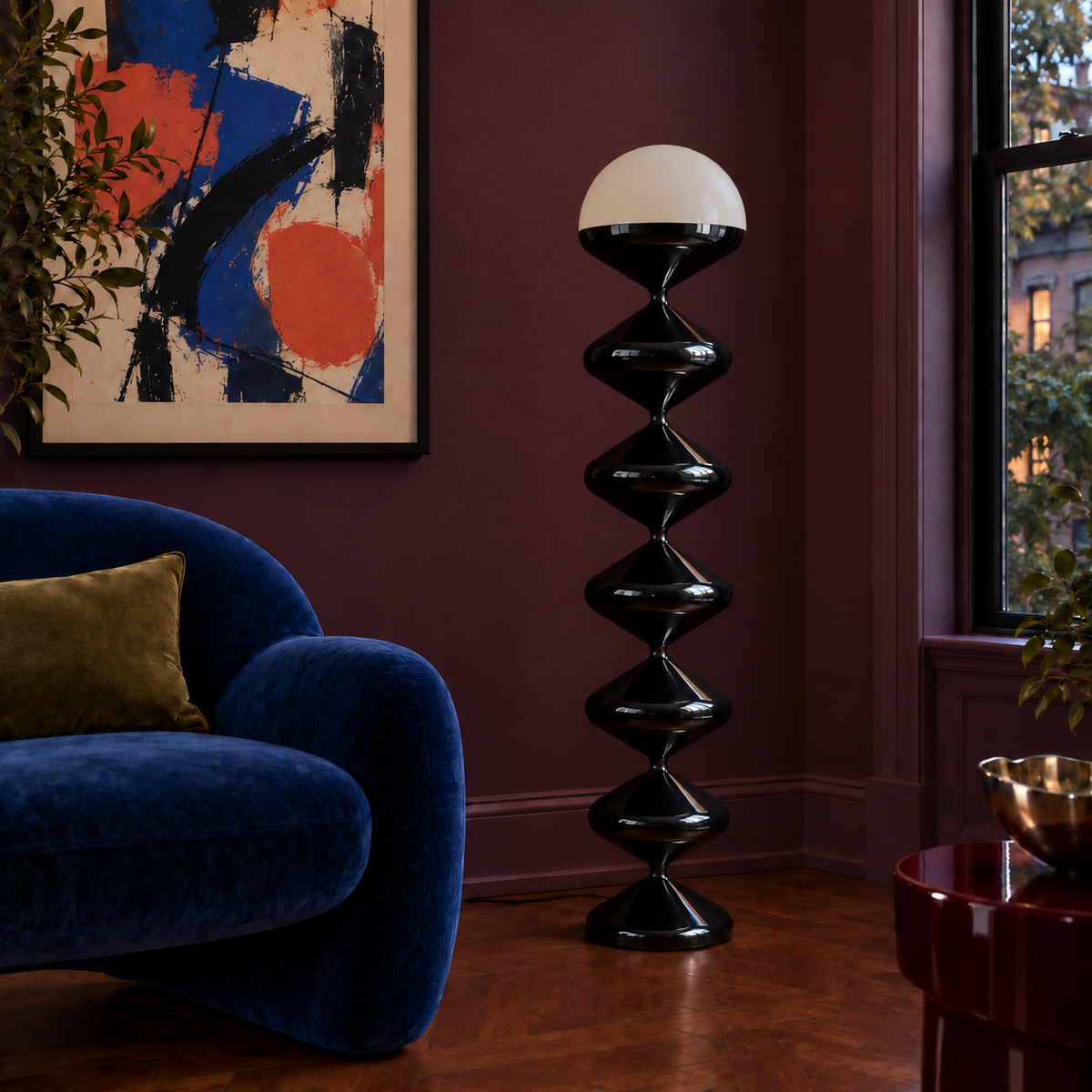 Pagoda Floor Lamp — switched off in the same room