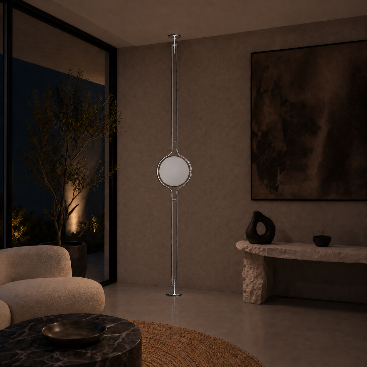 Pluto Floor To Ceiling Lamp — switched off in the same room