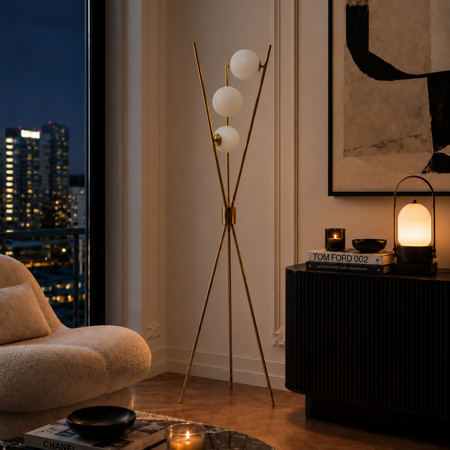 Triglobe Floor Lamp — Gold — unlit