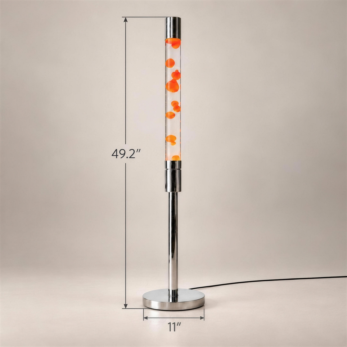 Molten Floor Lamp on a warm neutral background with measurements showing approximately 49.2 inches tall and 11 inches in diameter.