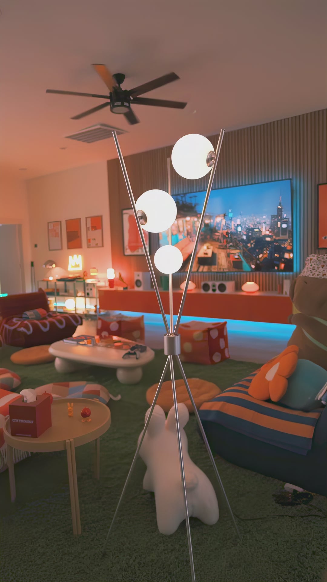 Video of Triglobe Floor Lamp showing triple globe design and ambient lighting by La Caza Cali