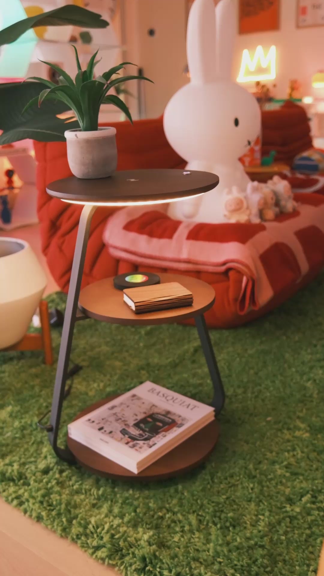Video of Glownest Bedside Table showing warm LED glow and modern bedside styling