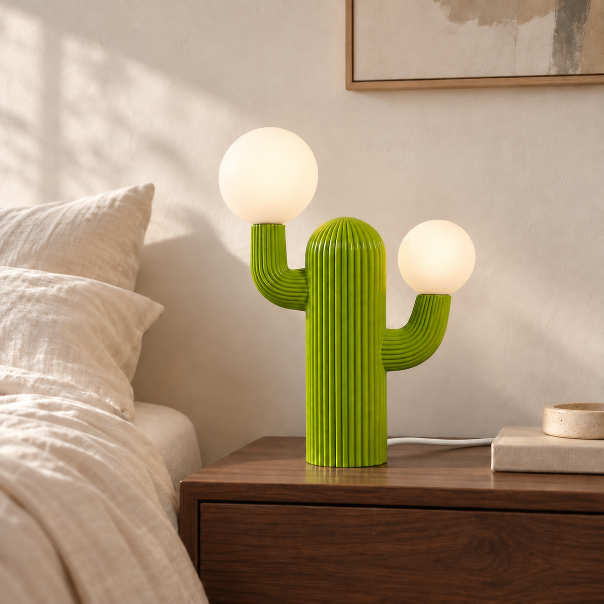 Prickly green cactus table lamp glowing warm white beside cream bedding, with a white woven fabric cord.