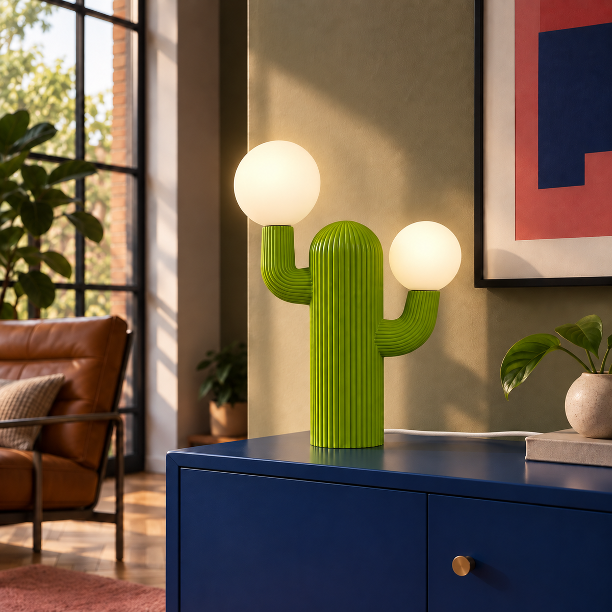 Prickly green cactus table lamp glowing warm white with a white woven fabric cord on a blue cabinet in an olive loft.