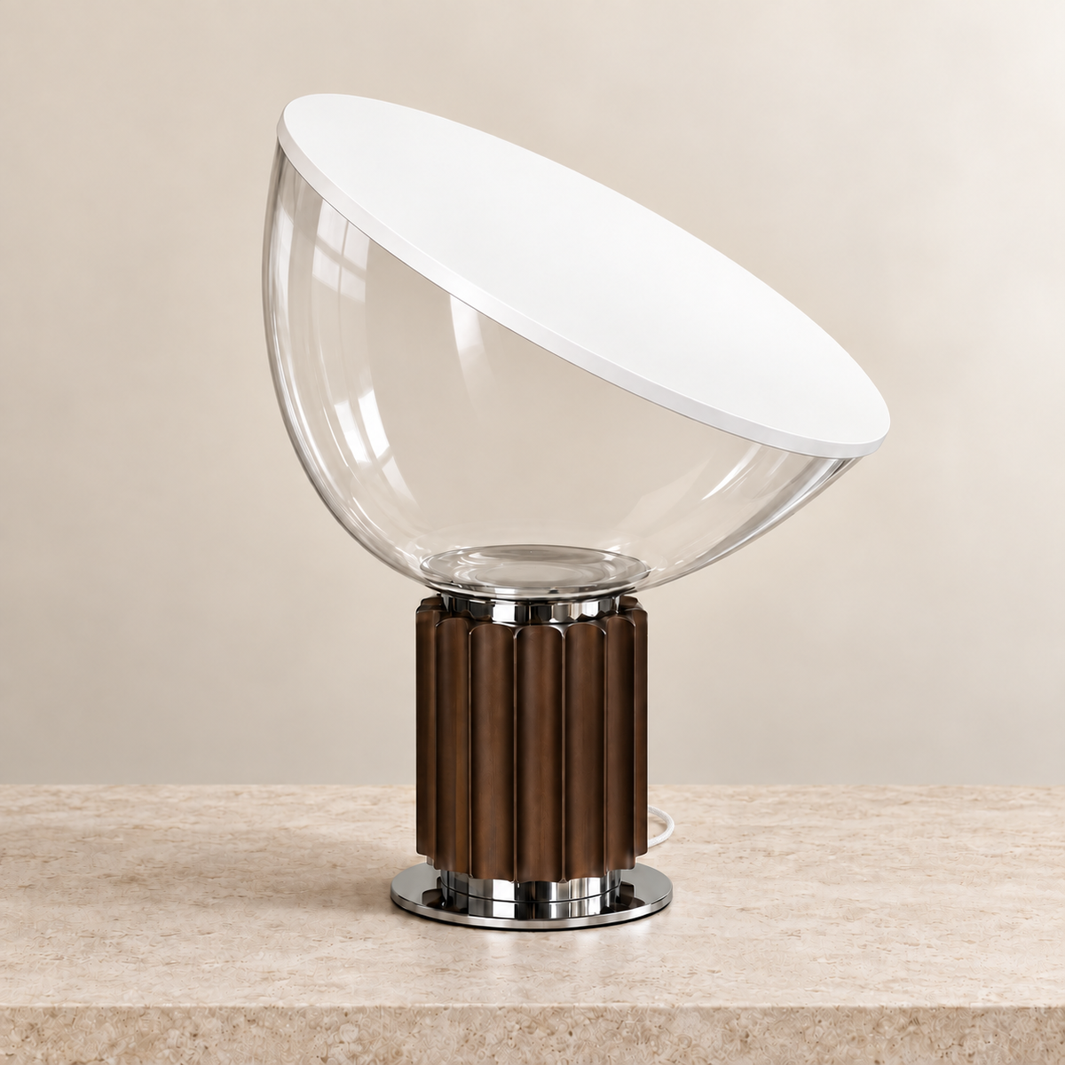 Projekt table lamp switched off, showing its clear glass bowl, white reflector, fluted bronze base and white woven cord.