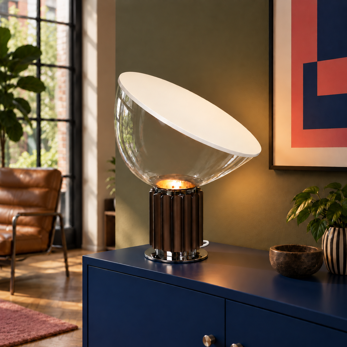Projekt table lamp with a clear glass bowl and discreet white woven cord on blue cabinetry in an olive loft.