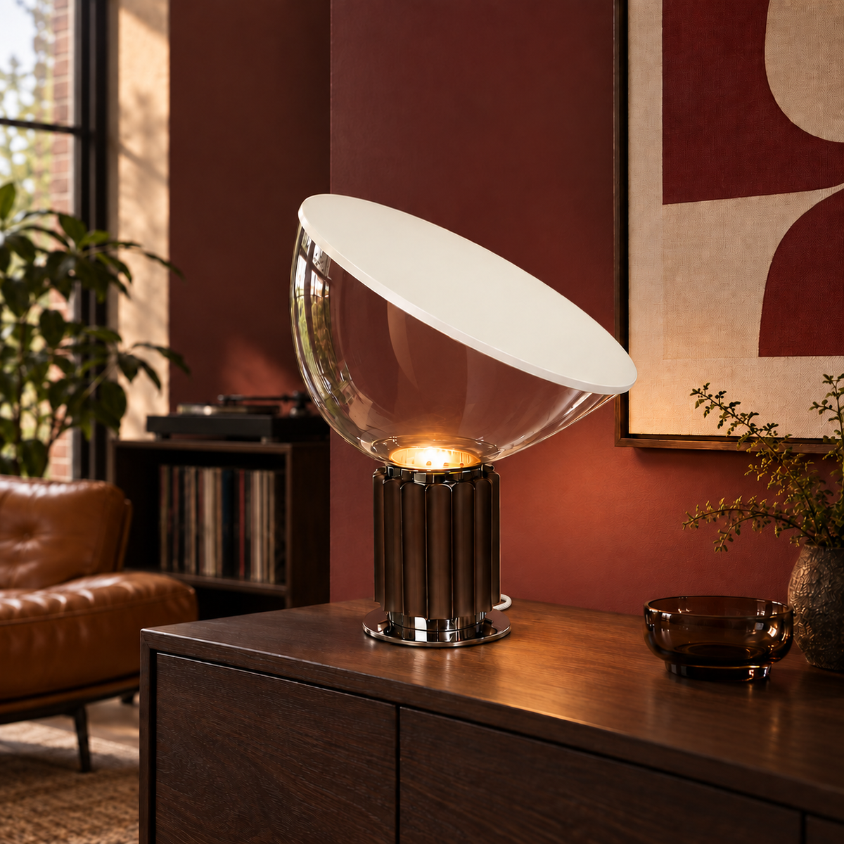 Projekt table lamp with a clear glass bowl and discreet white woven cord in a bordeaux room.