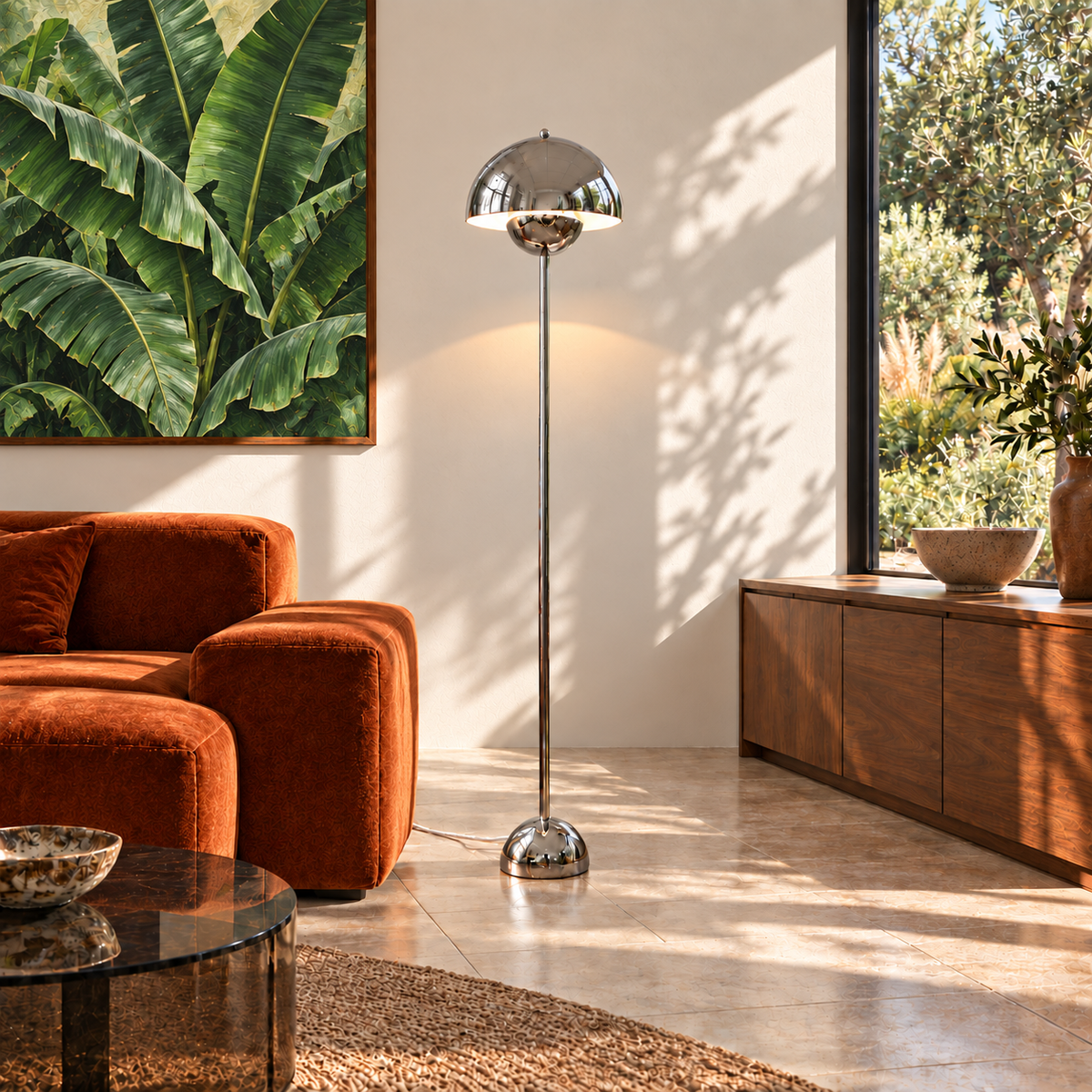 Saturn chrome floor lamp beside a rust-orange sofa and green banana-leaf painting, with a subtle white woven cord.