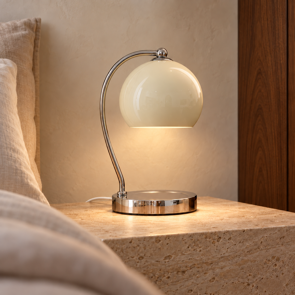 Cream Wick table lamp casting warm light on a travertine bedside table, with a discreet white woven fabric cord.