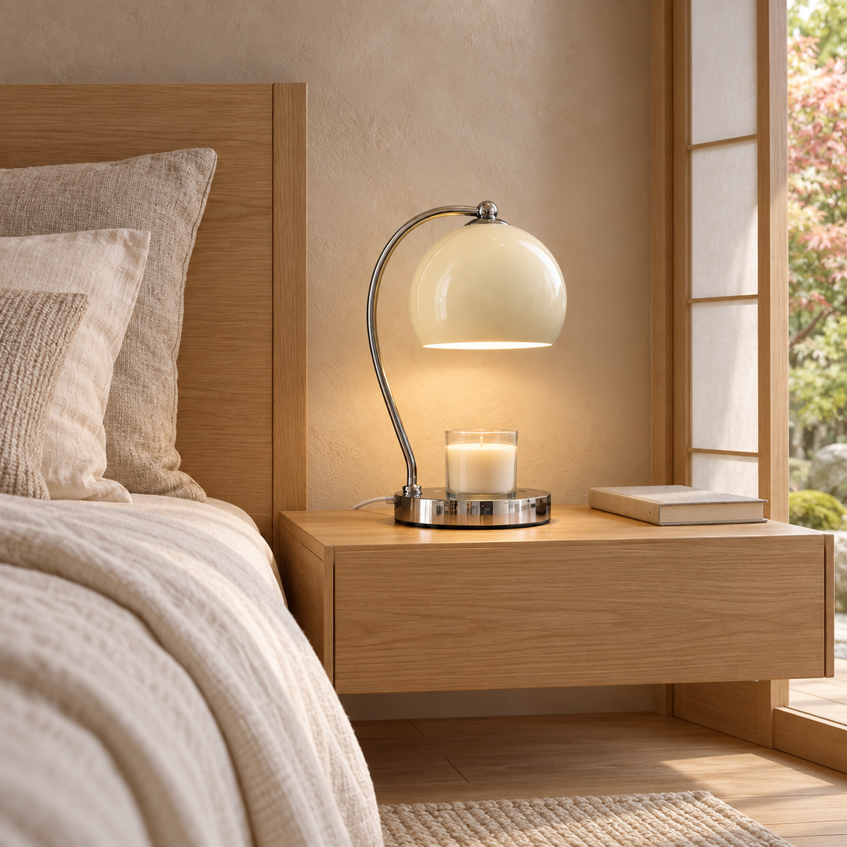Cream Wick table lamp casting warm light above an unlit candle jar on a pale oak bedside cabinet in a calming Japanese-inspired bedroom, with a discreet white woven cord.